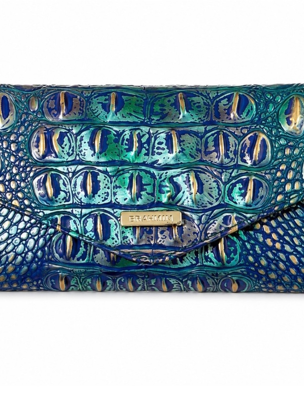 Brahmin Teal Iridescent Embossed Leather Wallet in Blue Patina